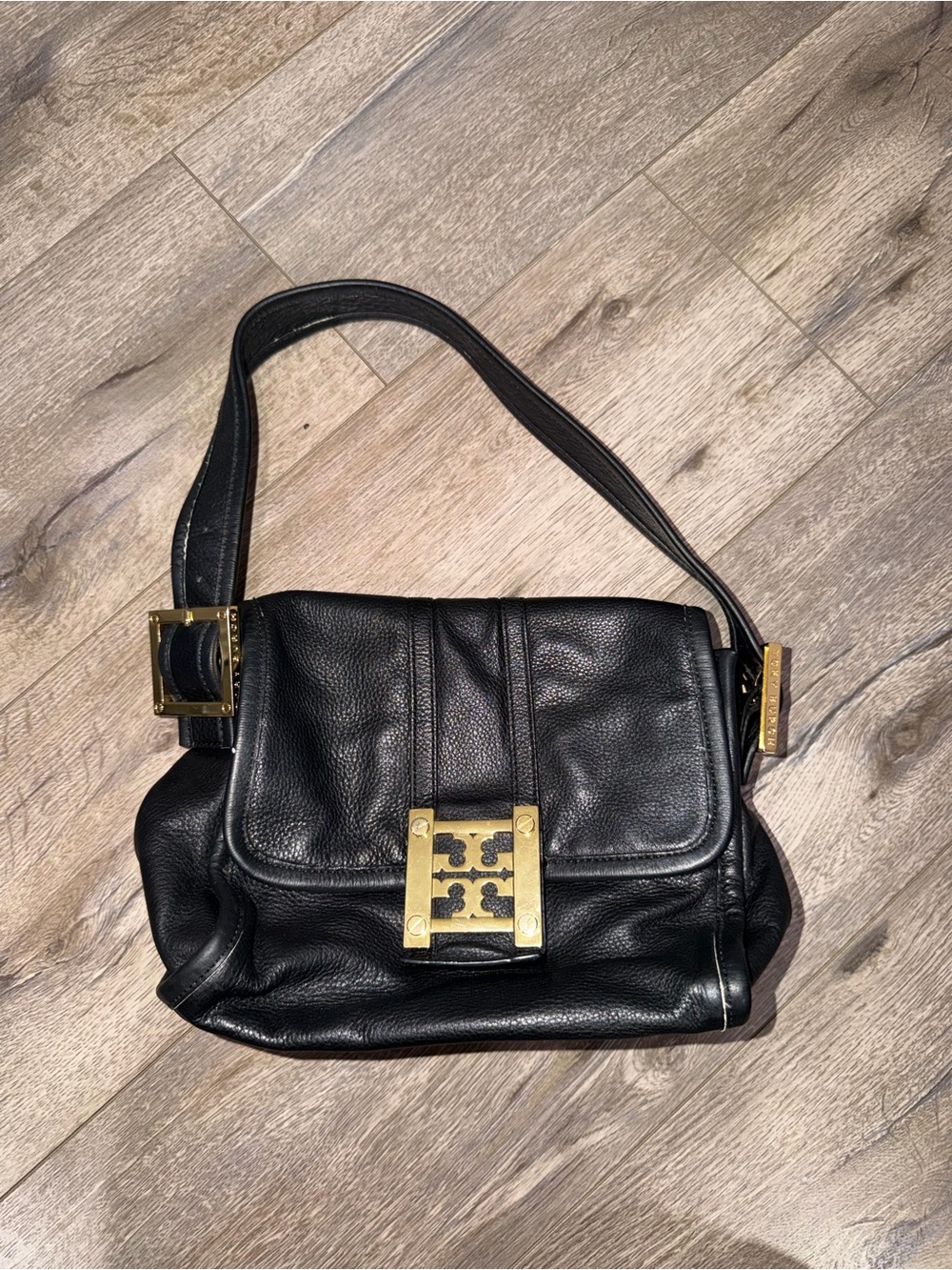 Tory Burch Black Leather Crossbody with Gold Logo Plate